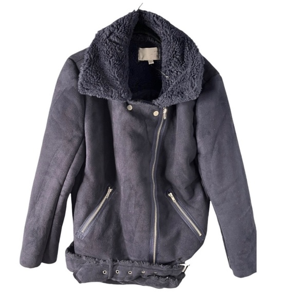 J.O.A. Jackets & Blazers - Urban outfitters J.O.A. Navy sherpa  lined zip faux suede up moto jacket medium